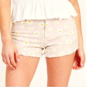 Altar'd State Denim Daisy Print Shorts Large Raw Frayed Hem Retro Stretch NEW